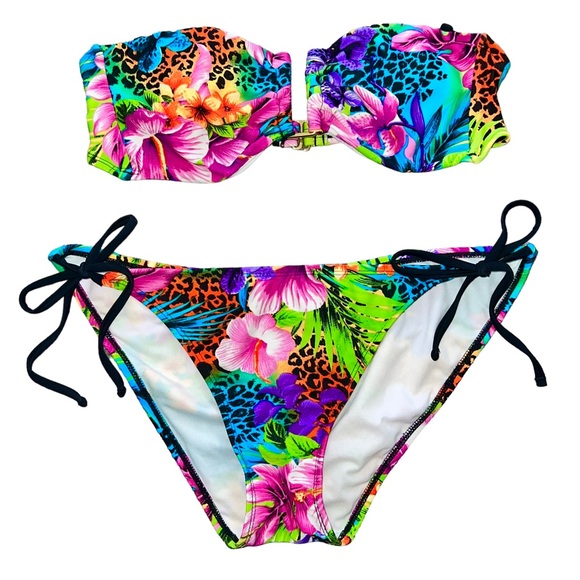 L VTG Wet Seal Rainbow Neon Tropical Floral Animal Print Bandeau Bikini Swimsuit - Picture 1 of 8